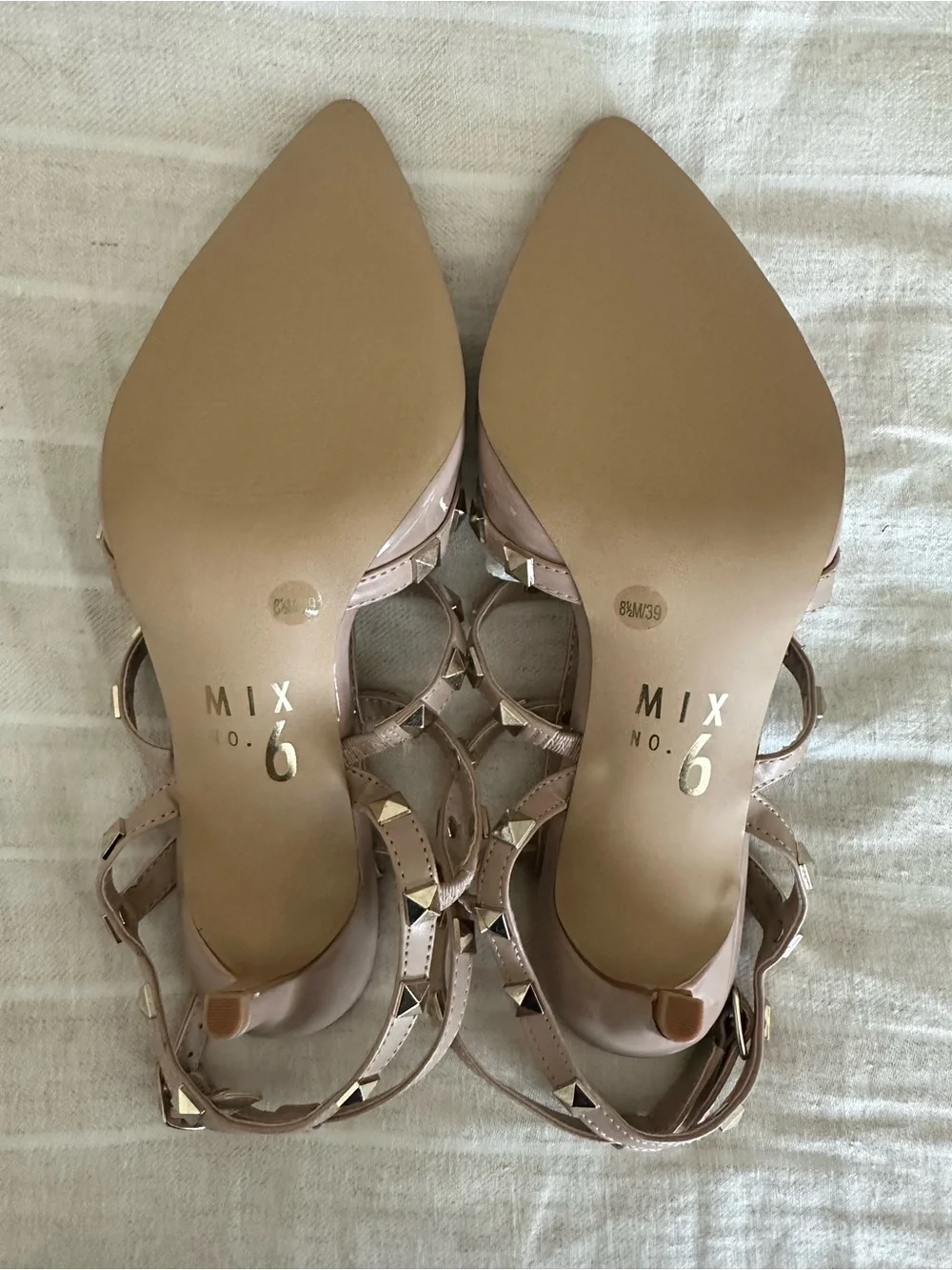 Mix No. 6 Nude Patent Studded Strappy Pointed-Toe Heels
